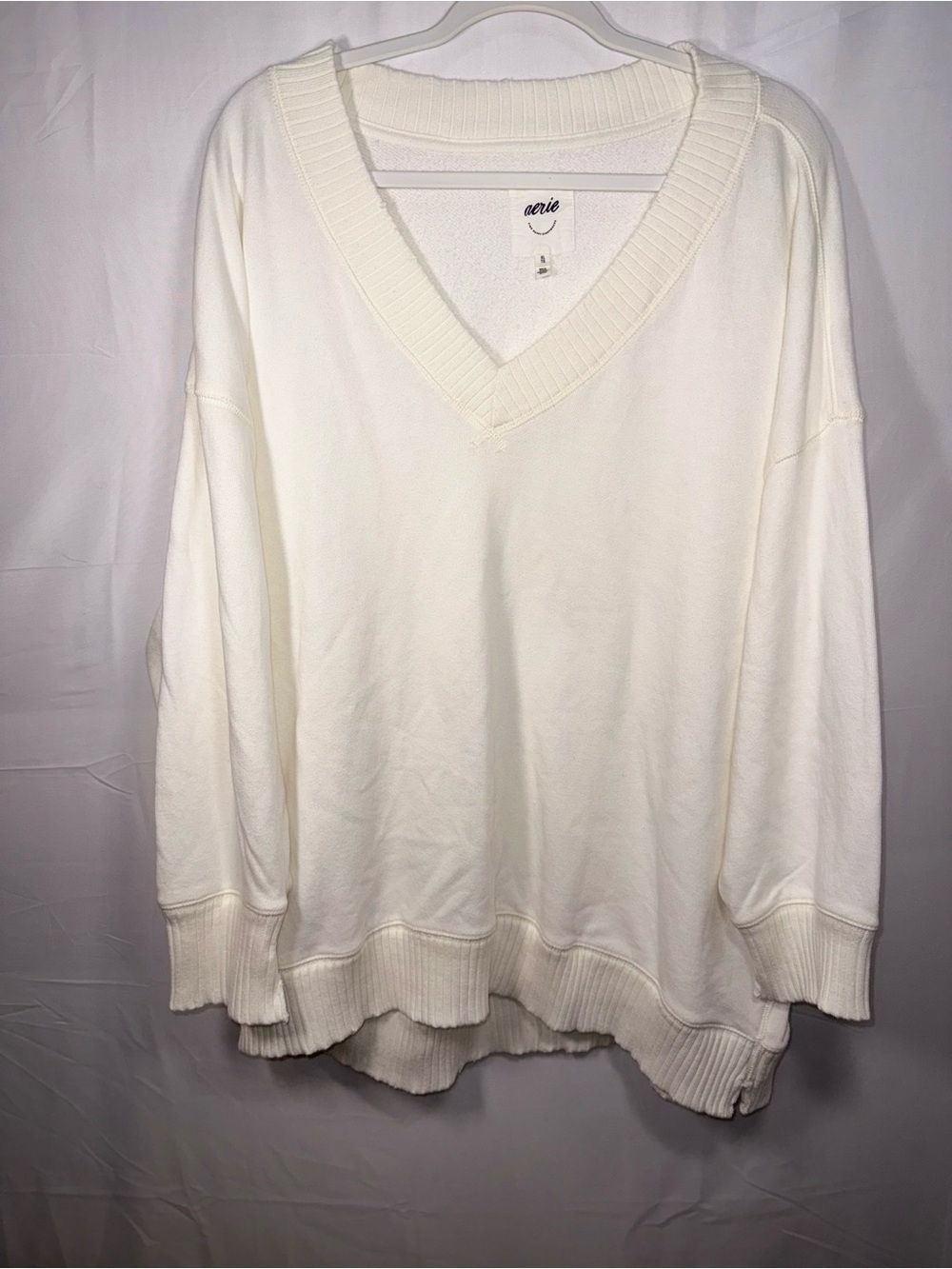 Aerie Women's White V-Neck Cozy Knit Long Sleeve Sweater Pullover Size XL